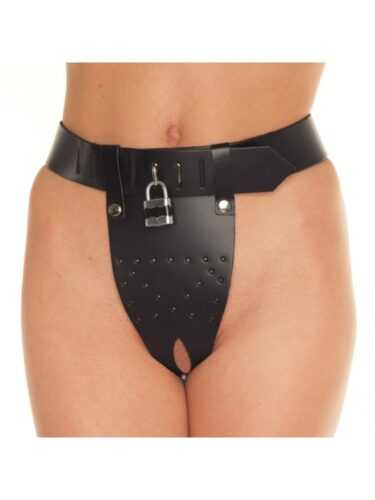 Rimba Chastity Belt with Two Holes In Crotch Padlock Included - Kožený pás cudnosti pro ženy - M-L