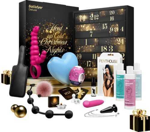 Satisfyer Advent Calendar erotické pomůcky 12 ks + BDSM pomůcky 4 ks + lubrikační gel 2 ks + sprej na oddálení ejakulace 1 ks + masážní olej 1 ks + masážní svíčka 1 ks + erotická hra 1 ks + erotické p